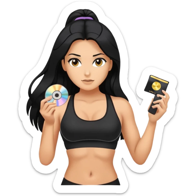 glasses, long black hair tanned woman, black sports bra, sexy, hot, data analysis, holding a cd  and memory stick sticker