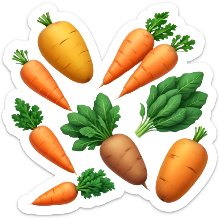 Plant sources of vitamin A (carotenoids): carrots, sweet potatoes, spinach, kale, mangoes, and apricots glowing with a soft orange-yellow light representing their provitamin A content that needs to be converted by the body. sticker