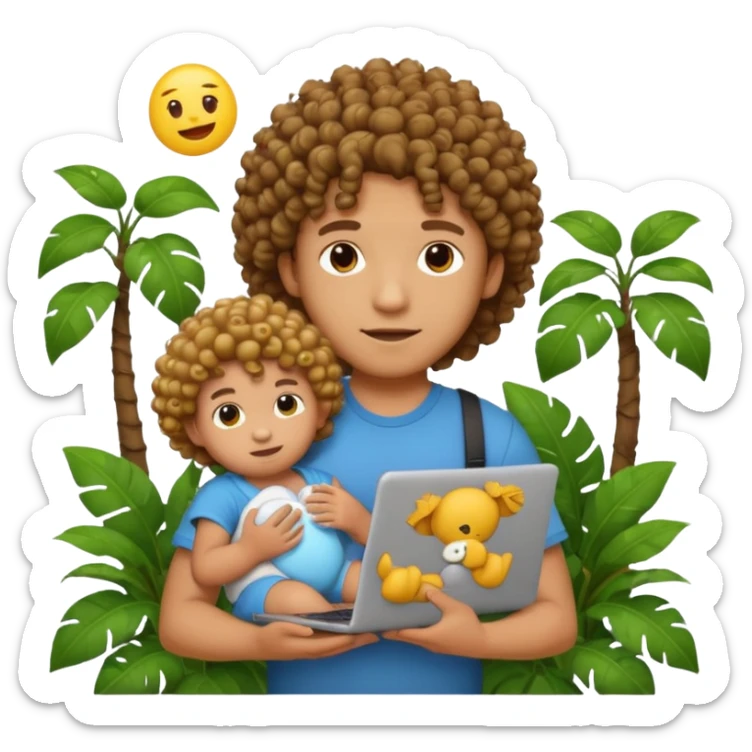 a guy with curly hair in the middle of the jungle holding a baby doll and a laptop, emoji style, more focus on the jungle background sticker
