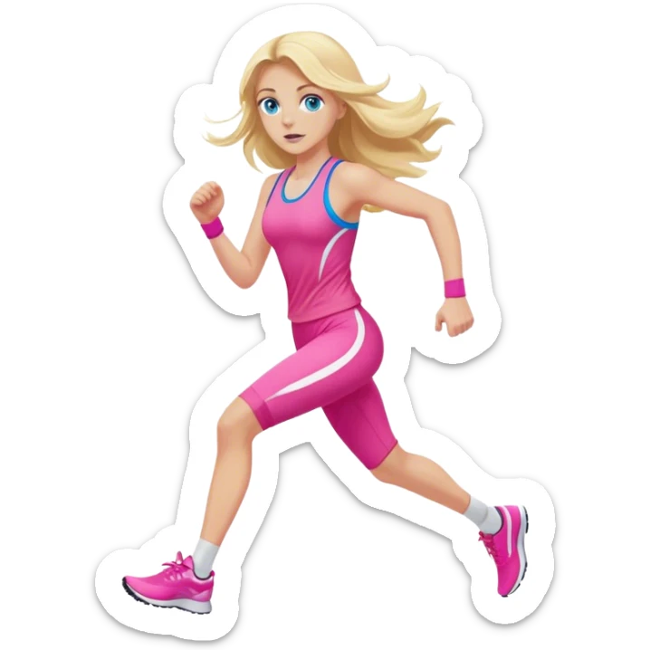 A cinematic realistic blonde with long hair and blue eyes, dressed in a pink sports outfit, runs sticker