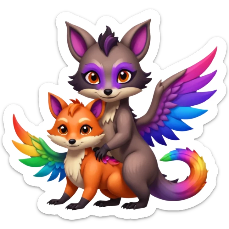 black female raccoon dragon hybrid with rainbow colored wings and purple eyes hugging a red female fox dragon hybrid with rainbow colored wings and orange eyes sticker
