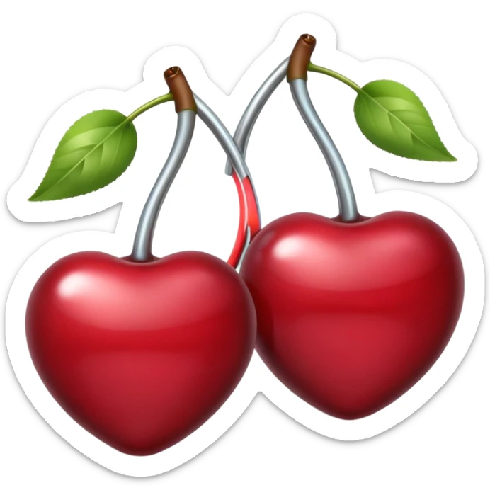 A pair of cherries emoji made of polished silver chrome, smooth rounded shapes, glossy metallic finish, soft highlights and reflections, cute proportions, iOS emoji style, centered, clean white background, no text sticker
