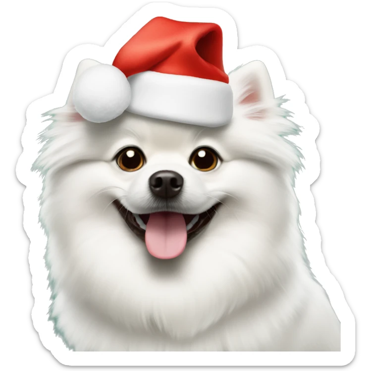 White dog Pomeranian spitzh wearing Christmas hat sticker