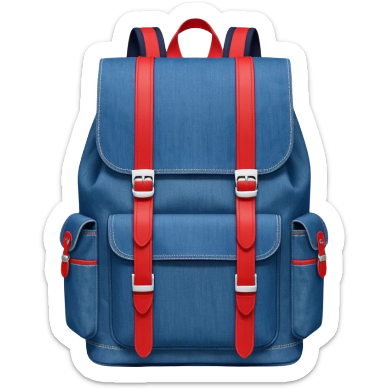 Minimalist emoji-style icon of a stylish blue denim backpack with a flap top, two vertical black buckle straps, a large red-white-navy horizontal block in the center, and two zipper side pockets. Inspired by Tommy Jeans design. Front view, cartoon-like, clean design.

 sticker