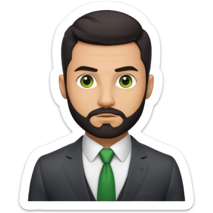 green eyes, dark short hair, muscular shoulders, big lips big nose big eyes, masculine good looking, dark beard wearing a suit buttons of the shirt open and olive skin tone  sticker