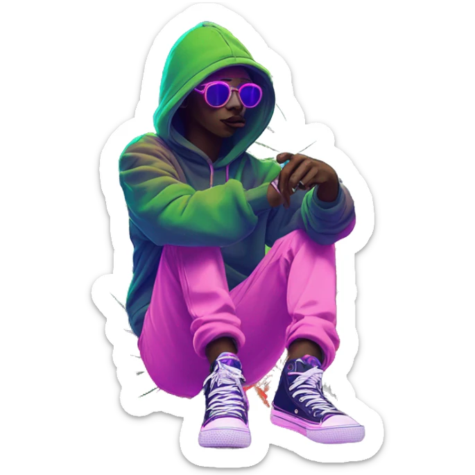 Hemp leaves Multicoloured neon person smoking wearing hoodie dancing hip hop bucket hat tropical Skater fashion aesthetic baggy clothes graphic t shirt 420 sticker