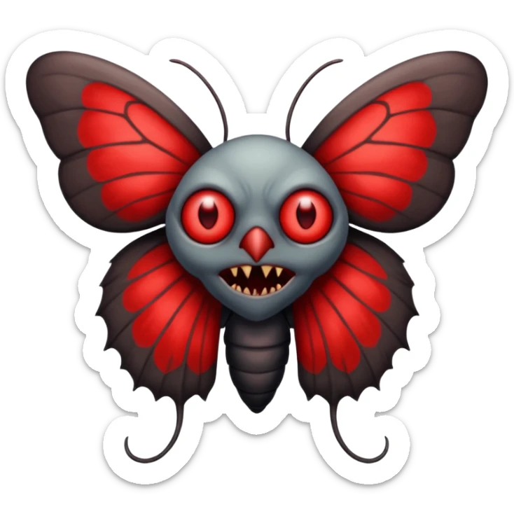 Create a scary emoji of the mothman with bright red eyes and as depicted in the legend. Make it less bird like and more Moth / Human hybrid sticker
