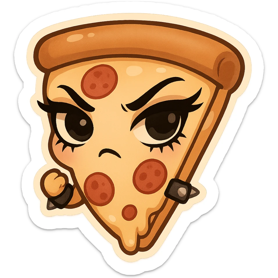 chibi sticker-style slice of pizza with a studded bracelet and dark eyeliner, cute and exaggerated sticker