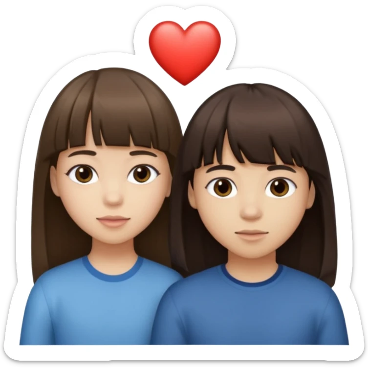 girl brunette with bangs long hair with boy dark brown hair with bangs with straight eyebrows with a light color heart between them. sticker