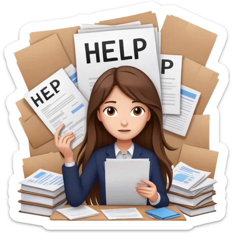 Girl with long brown hair holding a ‘help’ sign while surrounded by messy paperwork elegant  sticker