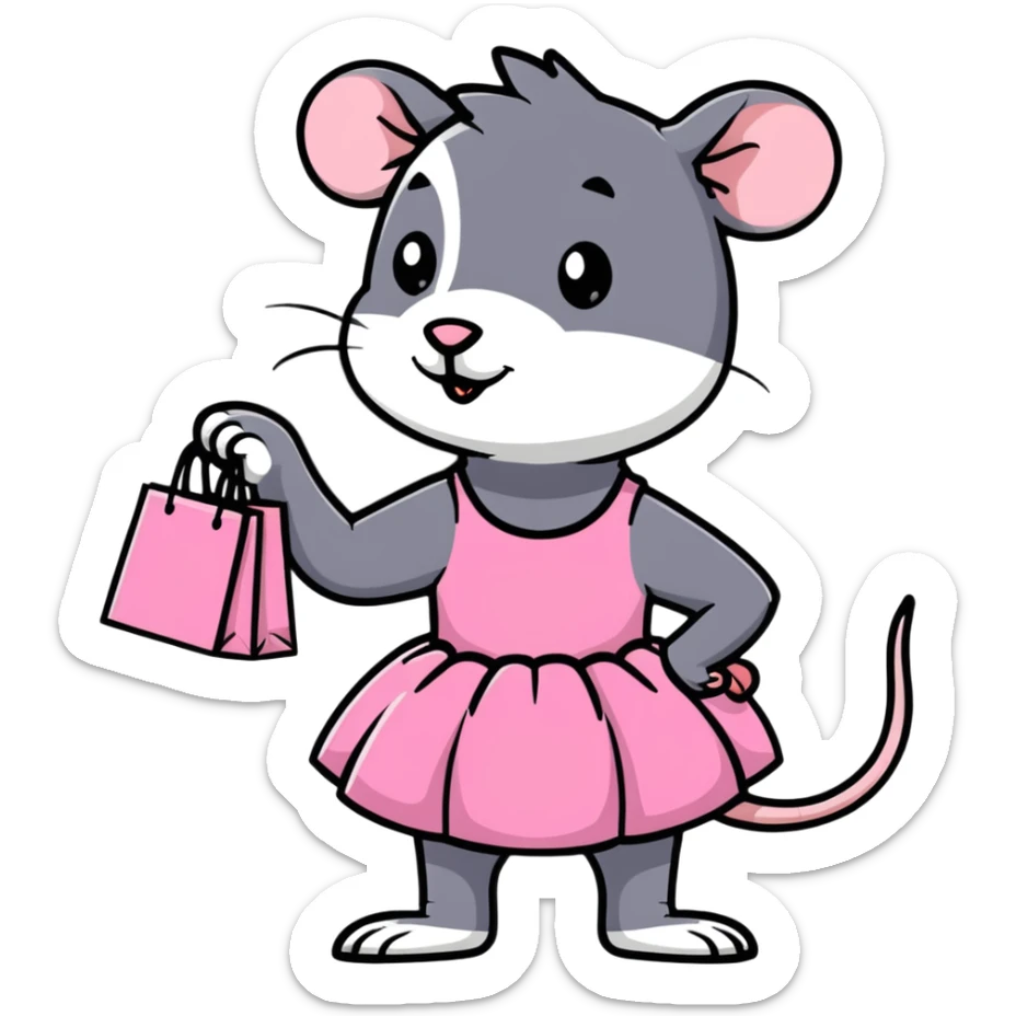 rat with a pink dress and tutu holding a black and white striped shopping bag sticker