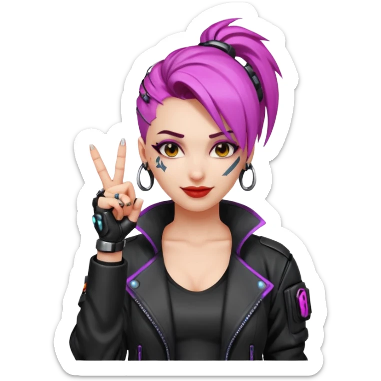 Woman with her tongue out in cyberpunk clothing and giving the middle finger. Looking naughty. sticker