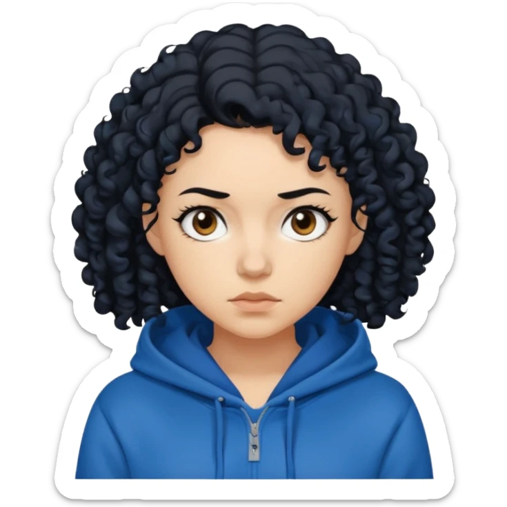 A woman with curly black hair, wearing a blue-black hoodie, and a slightly serious expression on her face. sticker