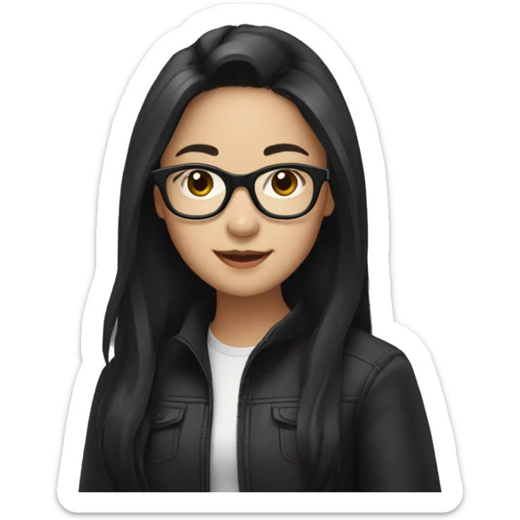Asian girl with long black hair and clear glasses wearing black jacket sticker