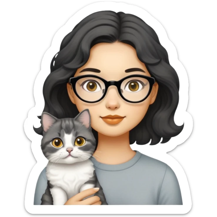 Young woman with oval face and warm yellow-toned skin, black wavy hair, thin-framed glasses, holding a grayish-white Munchkin cat with short legs and charcoal-gray marking under its mouth sticker