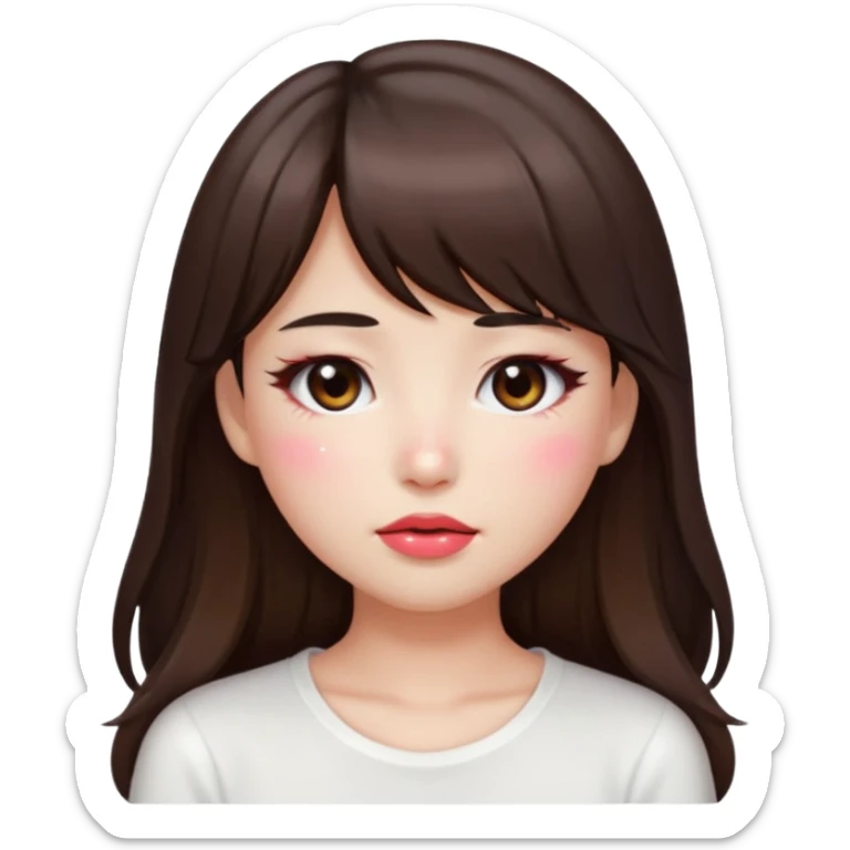 “japanese style Emoji brunette girl long hair with side bangs white top, dewy skin, heavy blush across cheeks and nose bridge, glossy cherry lips, soft eyeliner, teary sparkling eyes sticker