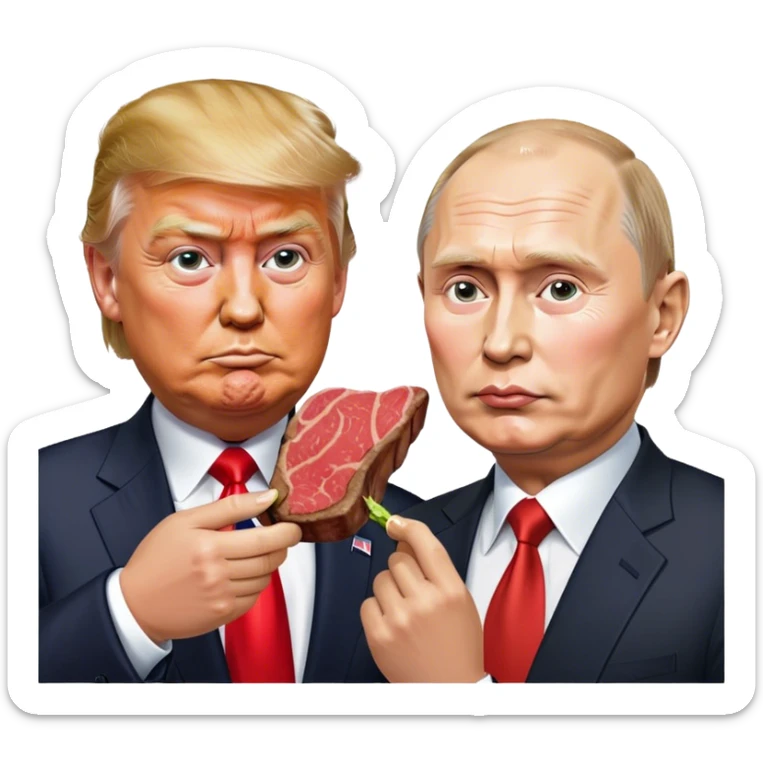 photorealistic Donald Trump and Putin eating a steak shaped like an piece of land sticker