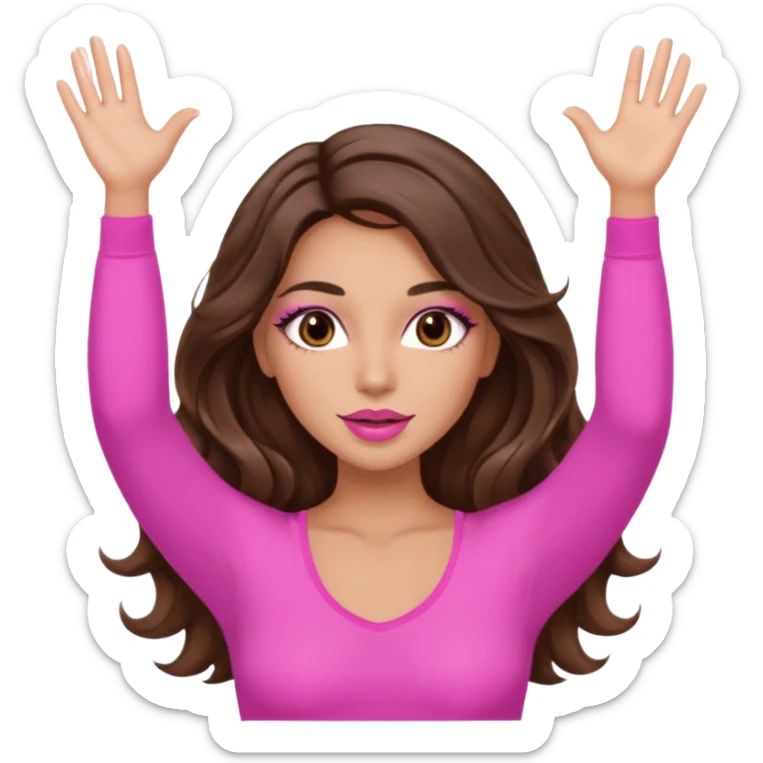 girl with long wavy brown hair, brown eyes, long lashes makeup, sexy pink lips, light to medium complexion, wearing a pink sexy top, both hands in the air high sticker