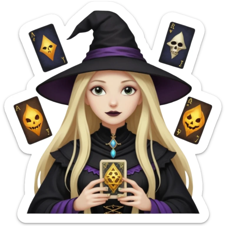dark witch girl with long blonde hair and Tarot cards sticker