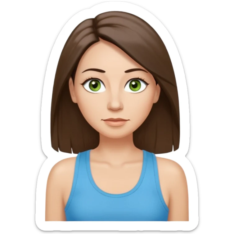 43 year old Adult woman avatar, light skin tone, long, oval face, long straight ashy brown hair, green almond-shaped eyes with dramatic eyelashes and minimal eyeliner, neutral mouth, medium straight eyebrows, small nose, smooth skin, sky blue tank top sticker