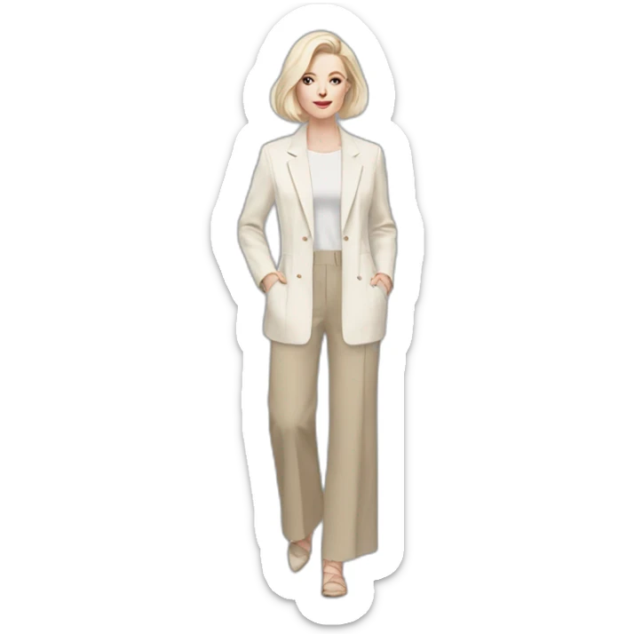 pale skin woman with ash blonde Straightened bob Hair, White Spacious classical jacket, beige palazzo Arrow pants and gray blouse holding a color palettes in the hands sticker