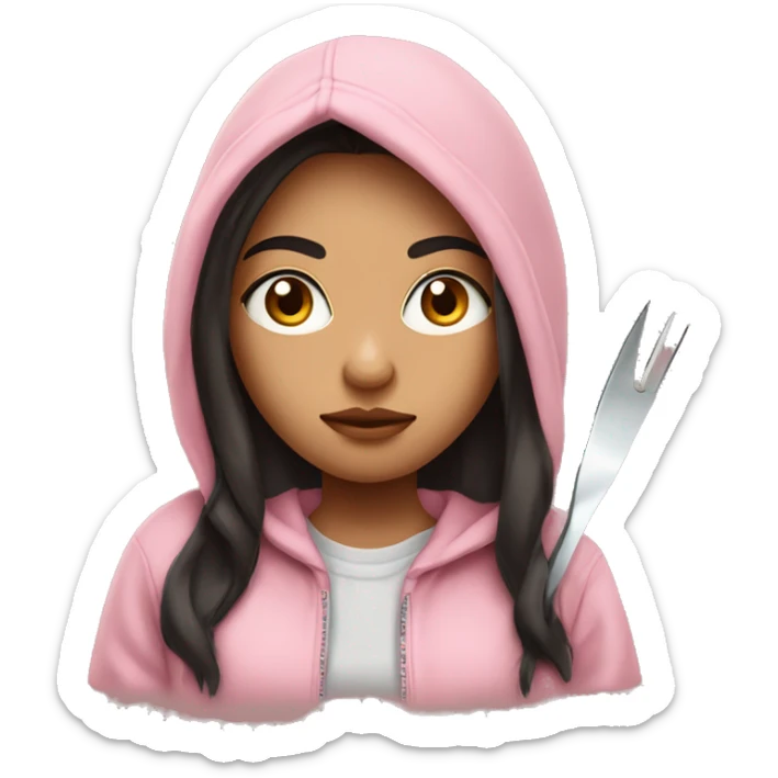 Girl with long dark hair in a light pink hoodie with a serious face holding a butter knife sticker