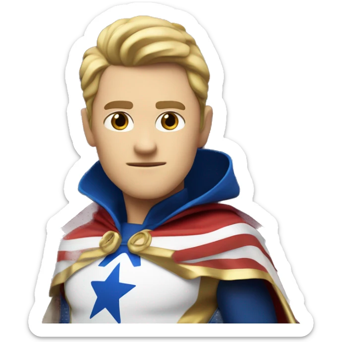 Emoji of Homelander from ‘The Boys’ series. USA flag-inspired costume with cape (red, blue, white). Confident, slightly menacing expression. sticker