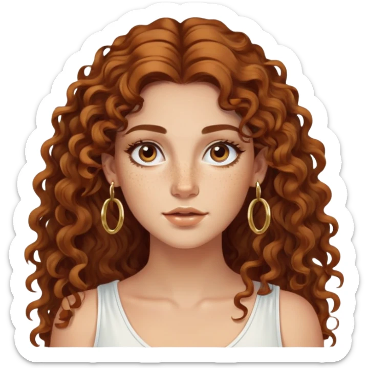 Attractive Greek woman with wide face, freckles, long curly amber-brown hair and gold hoop earrings sticker