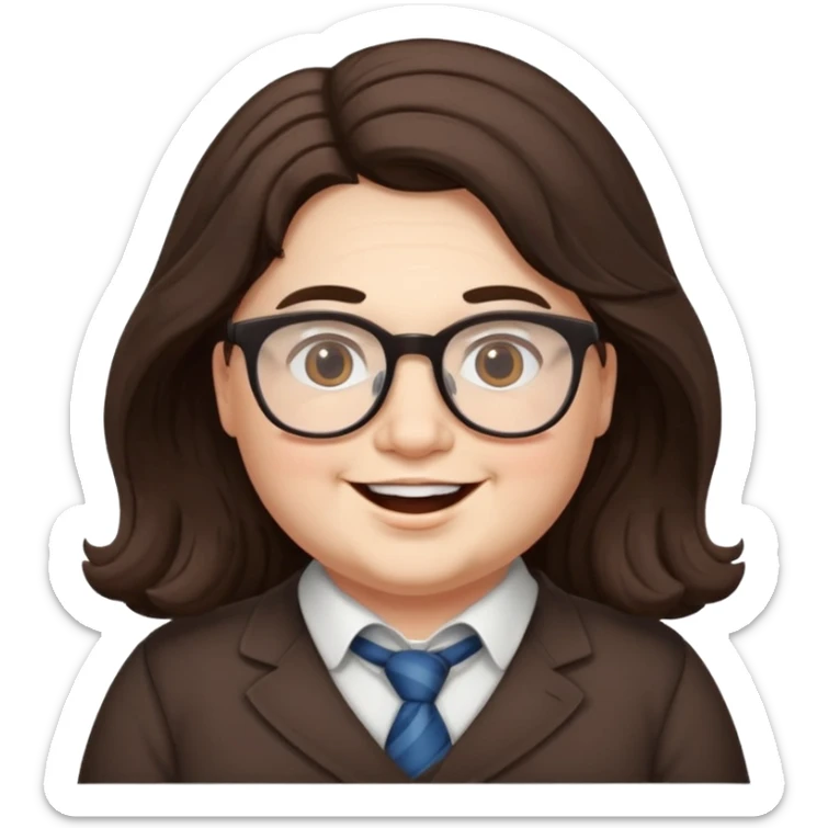 happy chubby English teacher face, white skin, wearing glasses, wavy long dark brown hair, classroom background, for online classes sticker