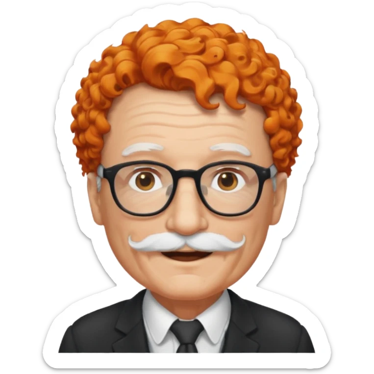 An elderly man with curly orange hair, brown eyes, black glasses, and a white mustache, wearing a gentle smile. sticker