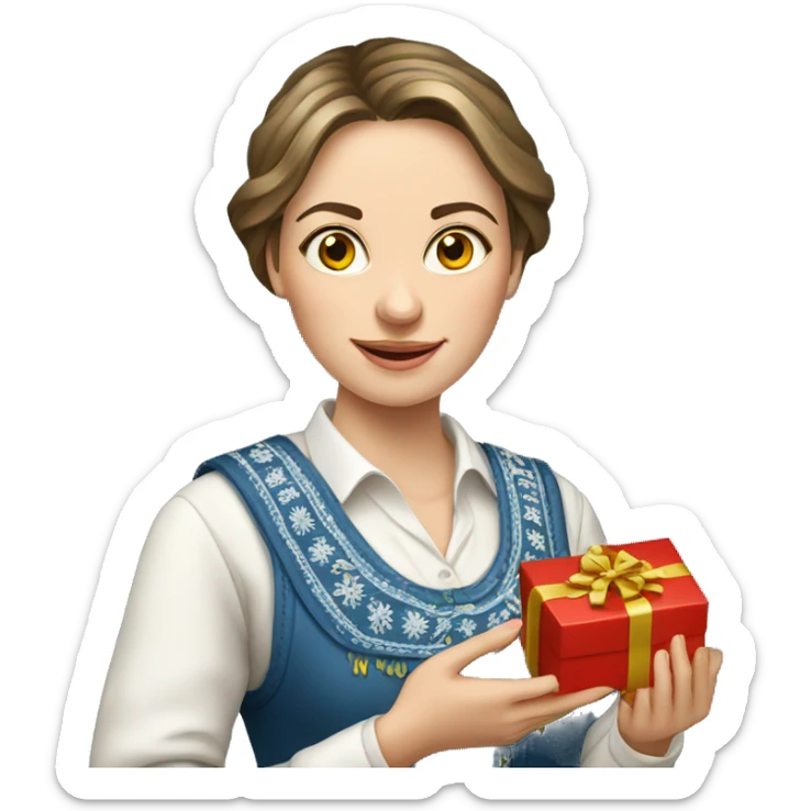 A female teacher in Ukrainian embroidery holds a gift in her hand sticker