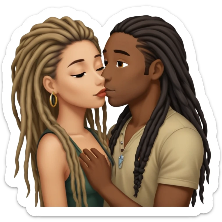 Latina Woman with long hair kissing a young black guy with dreads chin hair sticker