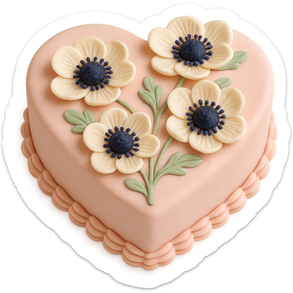heart-shaped fondant cake with piped anemones sticker