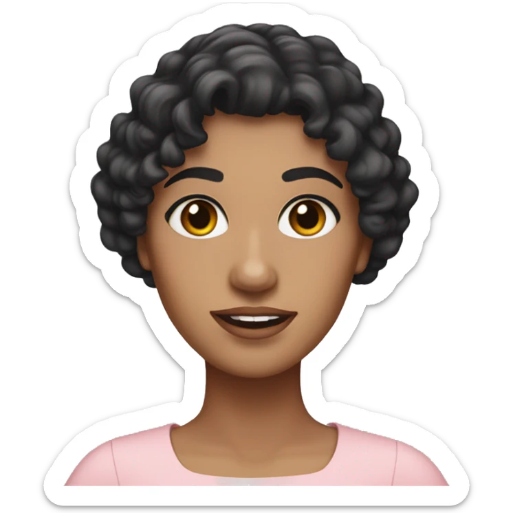 White woman with long black curly hair and bangs and dark brown eyes, wearing a pastel pink dress sticker