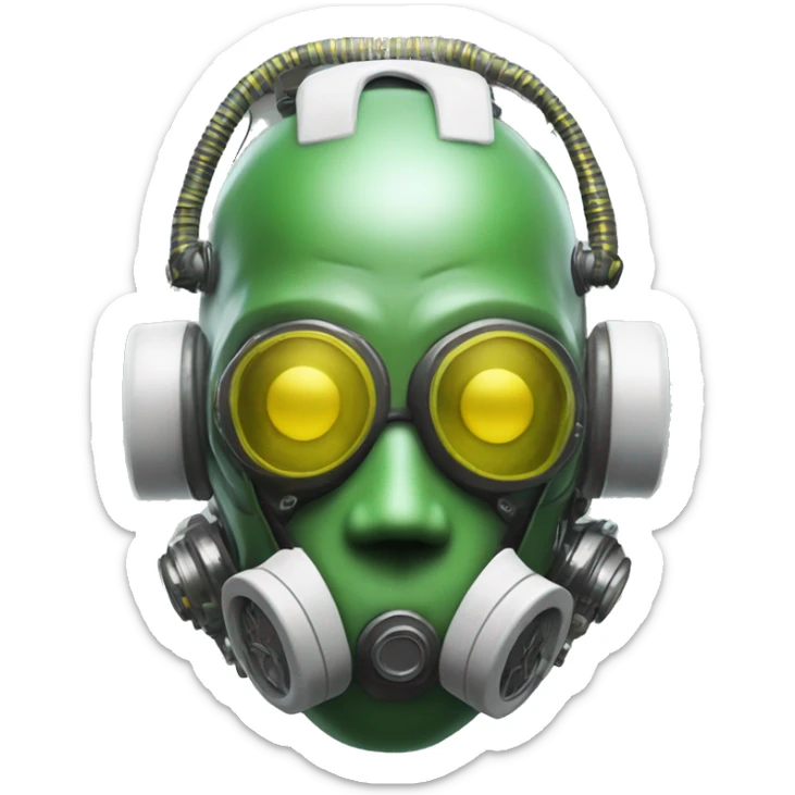 Green skin cyborg head with dark yellow Mohawk, white respirator mask and circuitry sticker