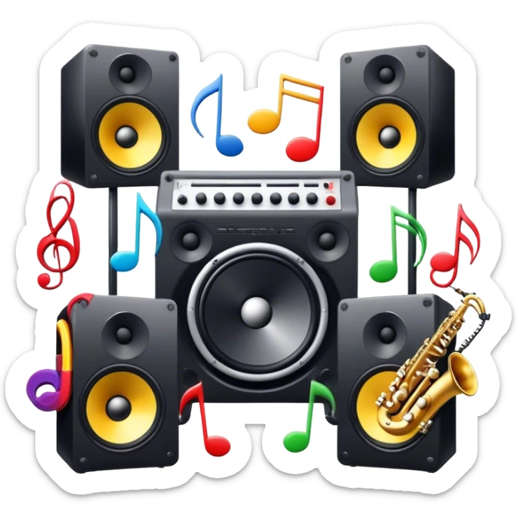 Icon for R&B Music Listening: large concert speakers and headphones with waves of musical notes coming out, along with drum kit, and synthesizer, saxophone and bass guitar. The icon should convey the energetic and rhythmic vibe of R&B music. Transparent background. sticker