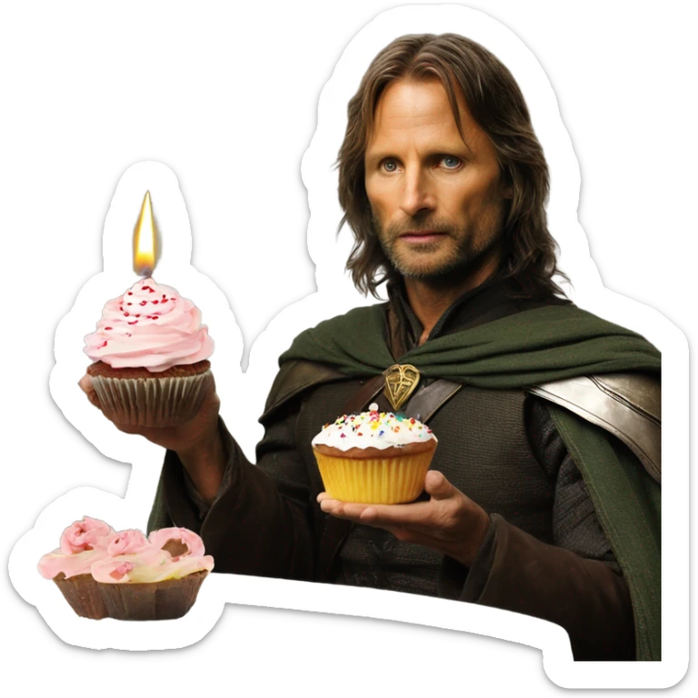 Viggo Mortenson as Aragorn holding a cupcake with a birthday candle in it sticker