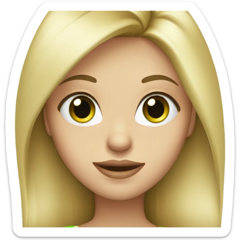Blonde girl with long straight hair, green eyes, full lips, big eyelashes, showing a heart with her hands sticker