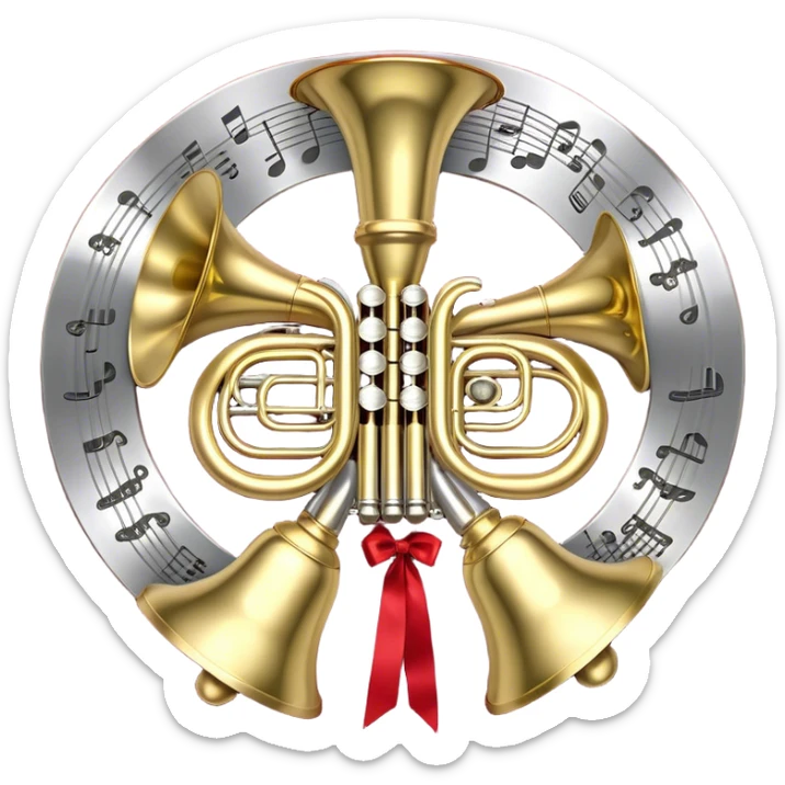 Create a festive and elegant emoji collage featuring a bouquet or fan of brass instrument bells (trumpets, saxophones, trombones, etc.) arranged in a radiant, symmetrical pattern. The instruments should have polished, golden and silver finishes, with their large, shiny bells forming a beautiful, fan-like display. Include a flowing ribbon of musical notes swirling through the center, conveying movement and melody. The background should feature a deep red velvet texture, adding a touch of luxury and sophistication. The overall composition should be balanced, with an elegant and regal feel, with a transparent background to keep focus on the instruments and musical elements. sticker