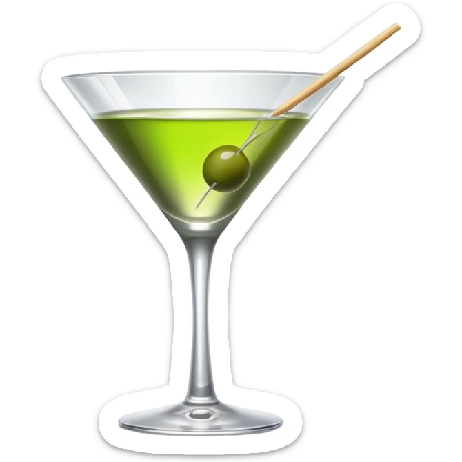 empty martini glass with just a hint of colorless liquid, showing mostly glass with very minimal liquid representation, single green olive on toothpick sticker
