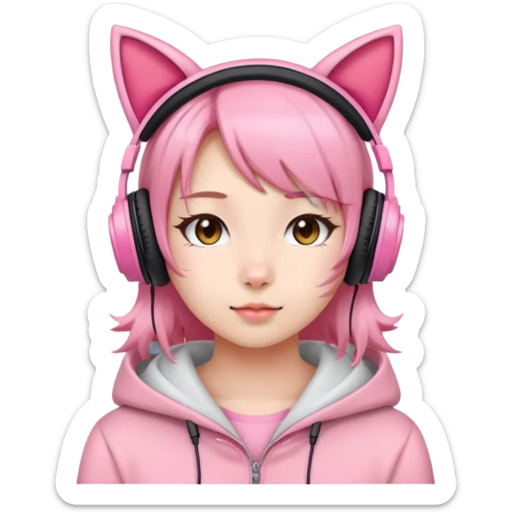 Cute Japanese girl wearing pink cat ear headphones sticker
