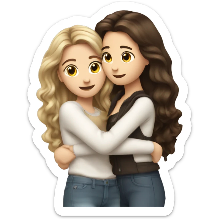 two Caucasian brunette pretty girls hugging with blown out hair sticker