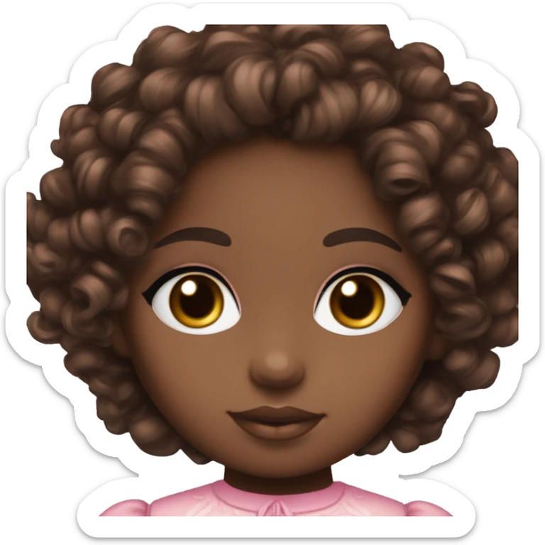 Chocolate brown doll eyes, dark brown curly hair, feminine, pink, brown girl, angelic sticker