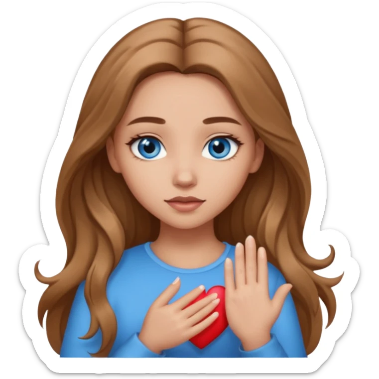 A girl with makeup, long light brown hair, blue eyes her hands on her heart sticker