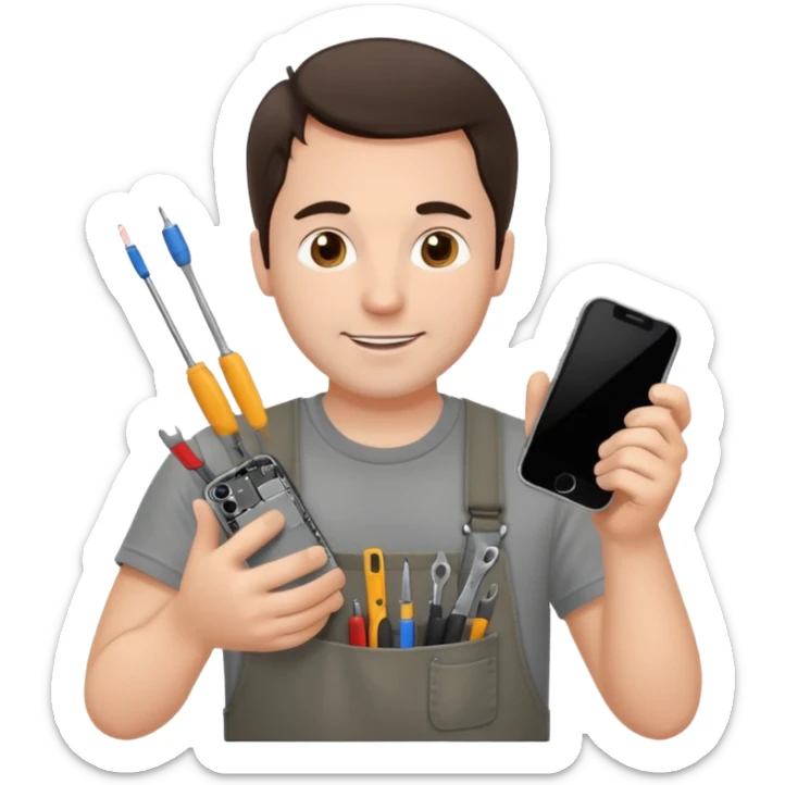 make a white guy with dark brown hair, with a simple white o grey shirt, repairing an iphone happy, tecnician with small tools for phone sticker