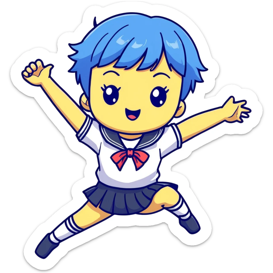 Energetic anime girl with short blue hair wearing Japanese sailor style school uniform, jumping excitedly with arms raised, very cheerful, kawaii style sticker