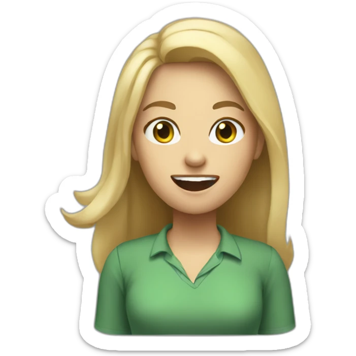 front view woman teacher long blonde hair dark eyes green shirt no glasses yelling sticker