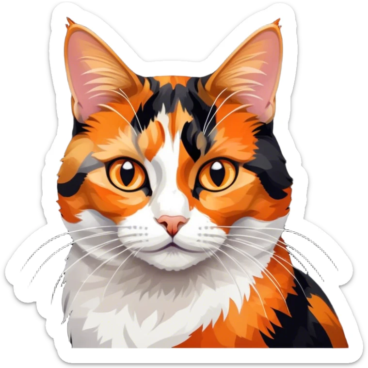 Cinematic Noble Calico Cat Portrait Emoji, Poised and regal, with a striking patchwork fur in vibrant orange, black, and white hues, delicate whiskers and a refined, focused gaze, simplified yet exquisitely detailed, glowing with a soft, moonlit radiance and an air of aristocratic elegance, high shine, exuding dignified intelligence and poised authority, soft glowing outline, capturing the essence of a watchful and noble calico cat that appears ready to grace the screen with effortless majesty! sticker