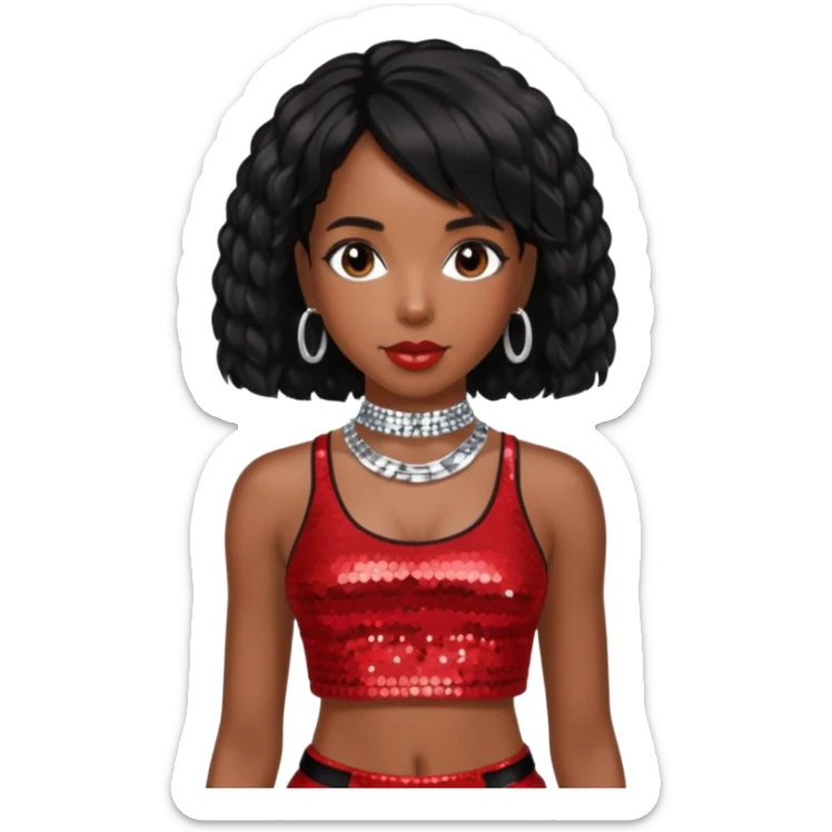 Kelly Rowland with black hair, red sequin crop top and neck bracelet sticker