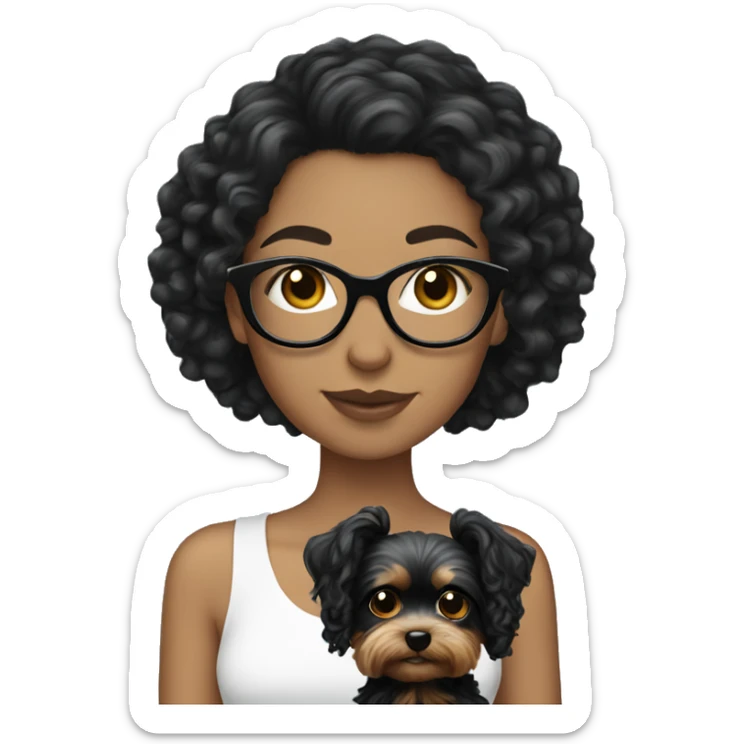 White girl with curly black hair and glasses holding Yorkie  sticker